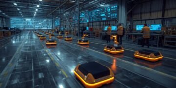 Autonomous mobile robots transporting materials in a smart Industry 4.0 warehouse with AI-powered navigation and automation systems.