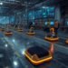 Autonomous mobile robots transporting materials in a smart Industry 4.0 warehouse with AI-powered navigation and automation systems.