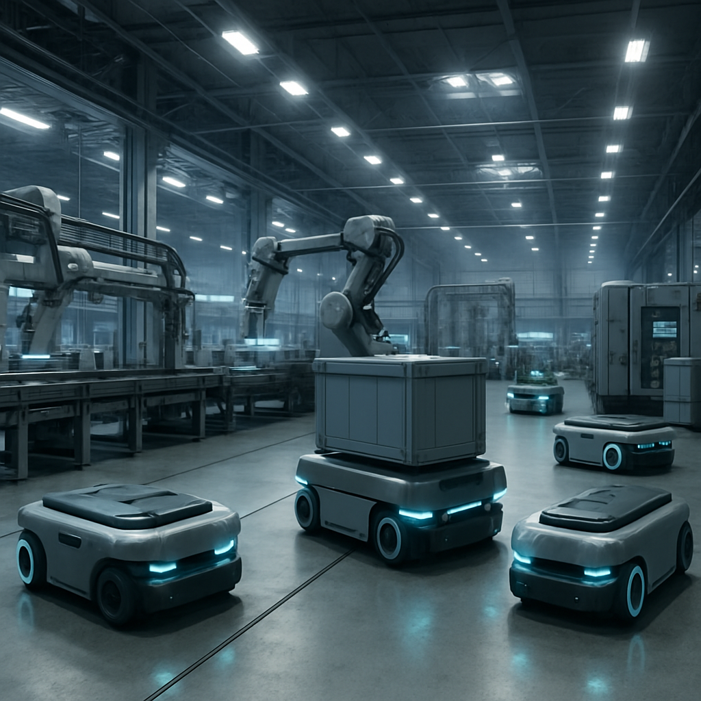 Autonomous mobile robots transporting materials across a smart factory floor while robotic arms automate manufacturing processes in an Industry 4.0 environment.