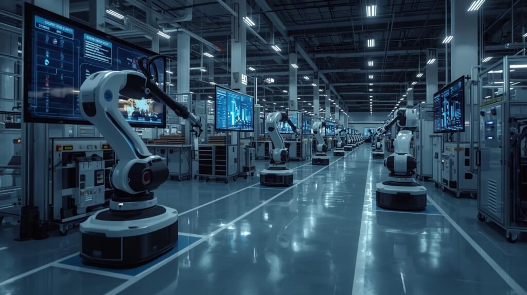 Autonomous robots independently performing industrial tasks in a smart factory using AI, sensors, and real-time navigation systems.