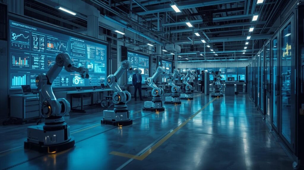 Autonomous robots independently performing industrial tasks in a smart factory using AI, machine learning, and advanced navigation systems