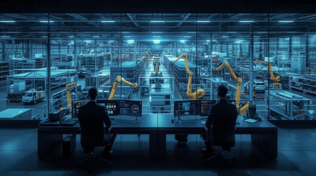 Autonomous systems coordinating robots, machines, and AI-driven processes in a smart Industry 4.0 workplace.