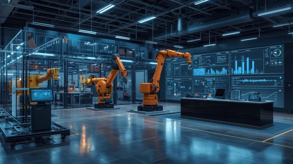 Autonomous technology systems using AI, robotics, and automation to optimize operations in a modern Industry 4.0 workplace