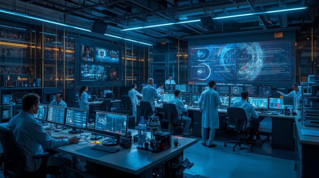 Scientists conducting DARPA-inspired quantum research using advanced quantum computing, sensing, and information science technologies in a modern laboratory