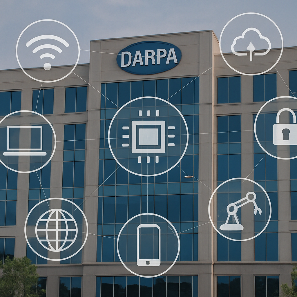 DARPA headquarters building with digital technology icons representing quantum research, cybersecurity, AI, cloud computing, robotics, and advanced defense innovation