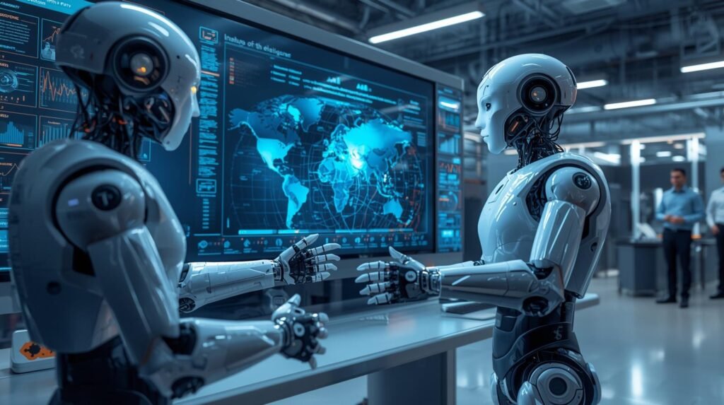 Embodied AI robots interacting with their environment and collaborating with humans using advanced sensors, machine learning, and intelligent decision-making.