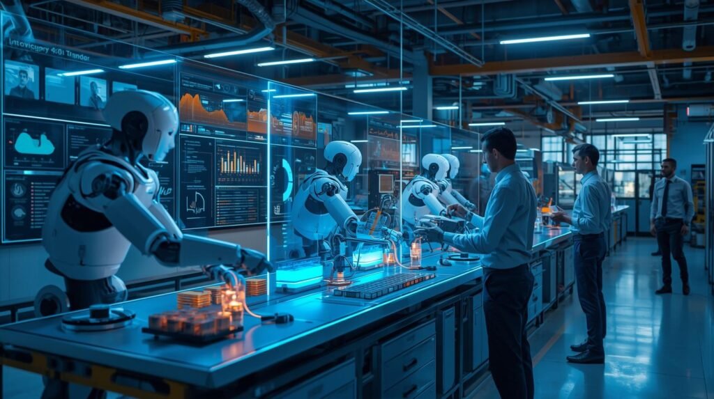 Embodied AI robots interacting with their environment and collaborating with humans using advanced sensors, machine learning, and intelligent decision-making.