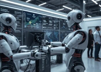 Embodied AI robots interacting with their environment and collaborating with humans using advanced sensors, machine learning, and intelligent decision-making.