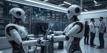 Embodied AI robots interacting with their environment and collaborating with humans using advanced sensors, machine learning, and intelligent decision-making.