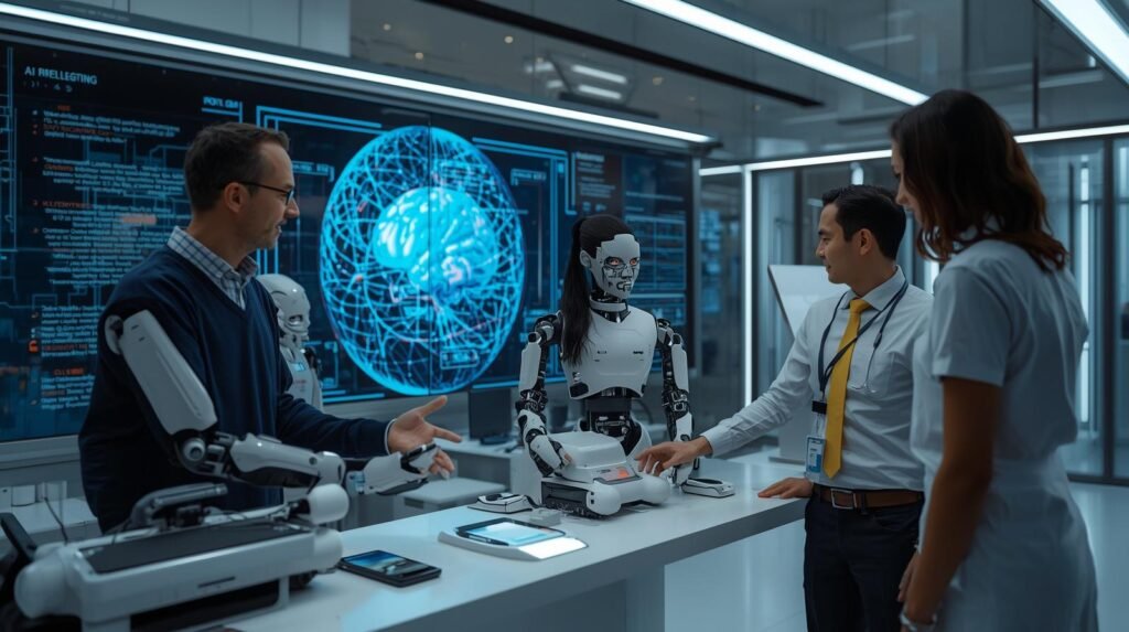 Embodied intelligence robots learning and adapting through physical interaction with their environment while collaborating with humans in a modern workplace.