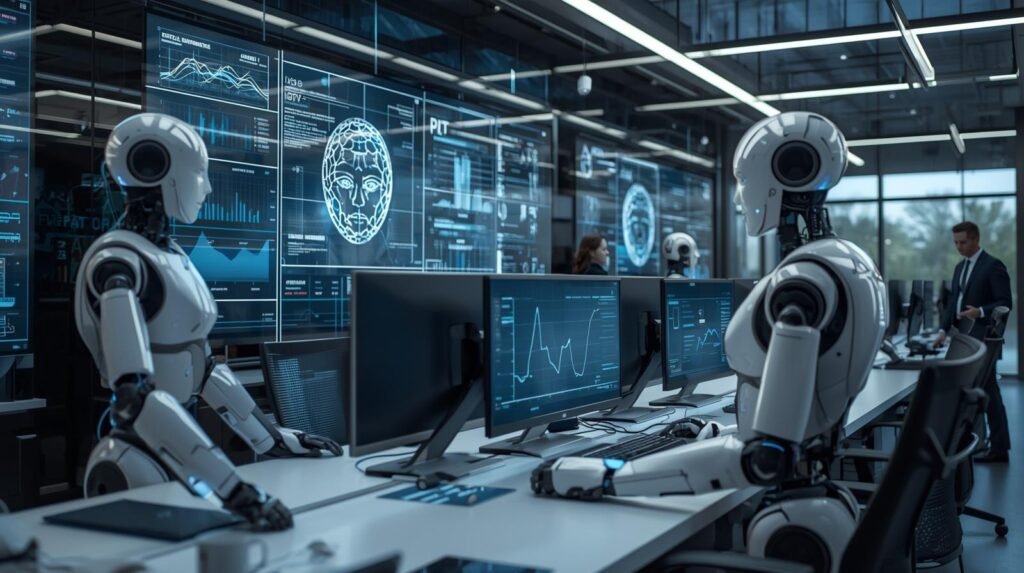Humanoid AI robots collaborating with professionals in a modern workplace using artificial intelligence, automation, and advanced robotics technology.