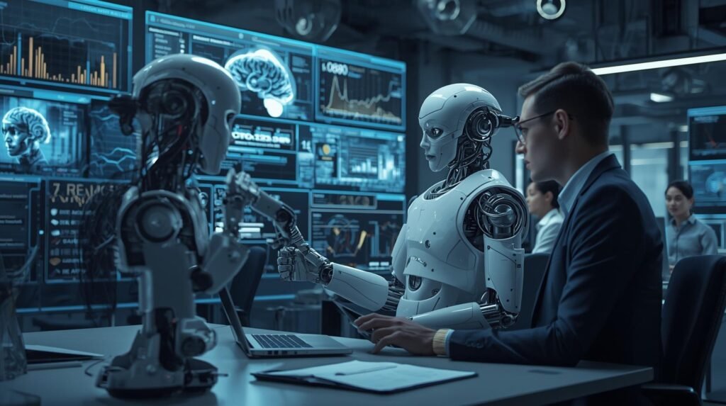 Humanoid AI robots collaborating with professionals in a modern workplace using artificial intelligence, automation, and advanced robotics technology.