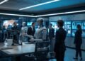 Humanoid AI robots collaborating with professionals in a modern workplace using artificial intelligence, automation, and advanced robotics technology