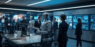 Humanoid AI robots collaborating with professionals in a modern workplace using artificial intelligence, automation, and advanced robotics technology