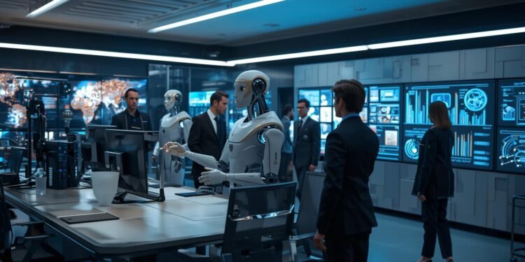 Humanoid AI robots collaborating with professionals in a modern workplace using artificial intelligence, automation, and advanced robotics technology
