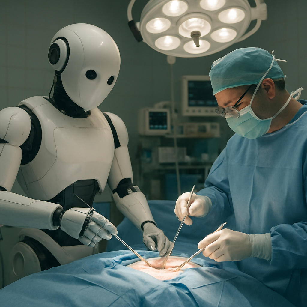 Humanoid AI robot assisting a surgeon during a medical procedure in an advanced operating room, highlighting robotics in healthcare and surgical support.