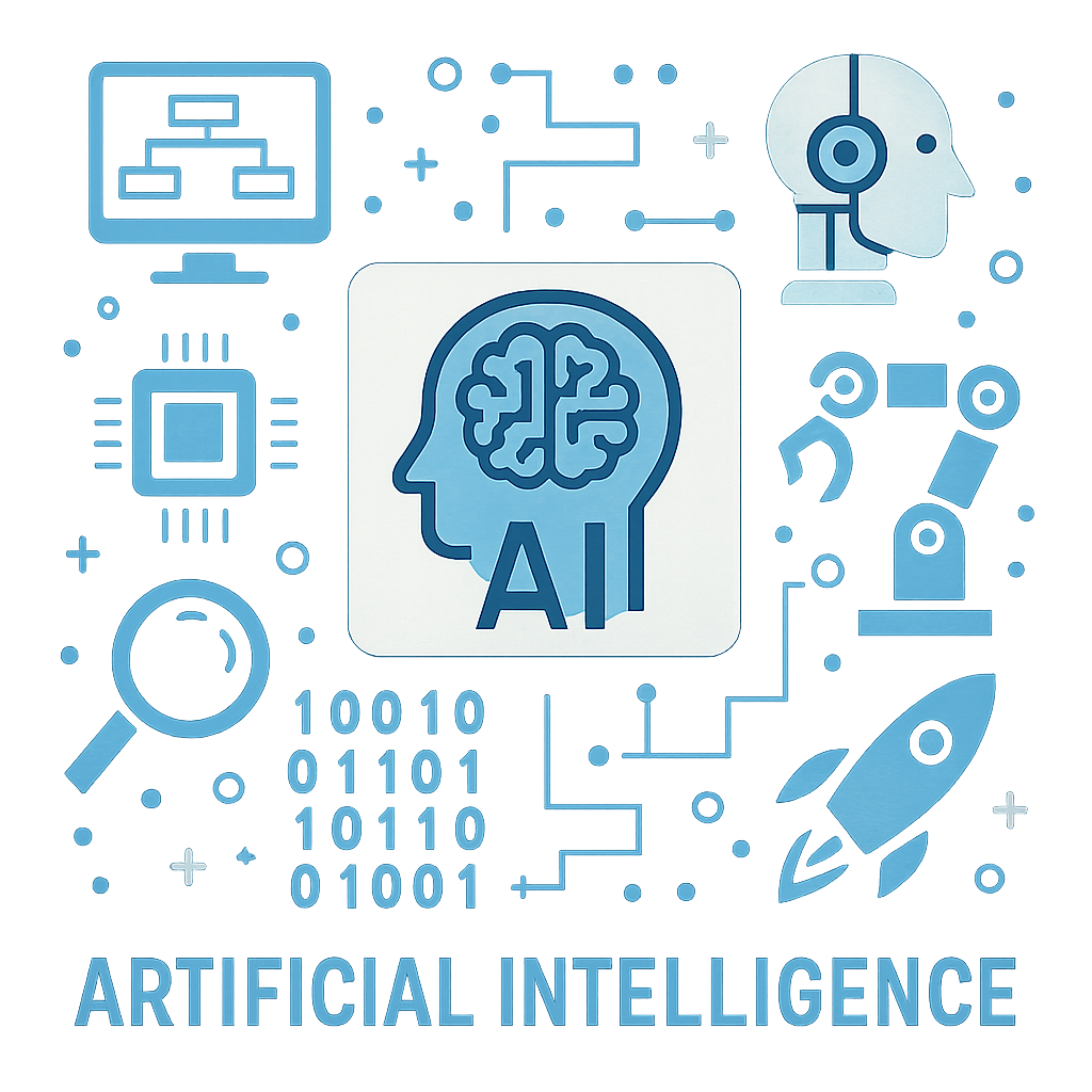 Artificial intelligence technology concept showing AI brain, robotics, machine learning, automation, and digital innovation icons