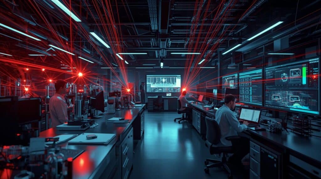Scientists using laser trapping technology and optical tweezers to precisely control neutral atoms for advanced quantum computing research