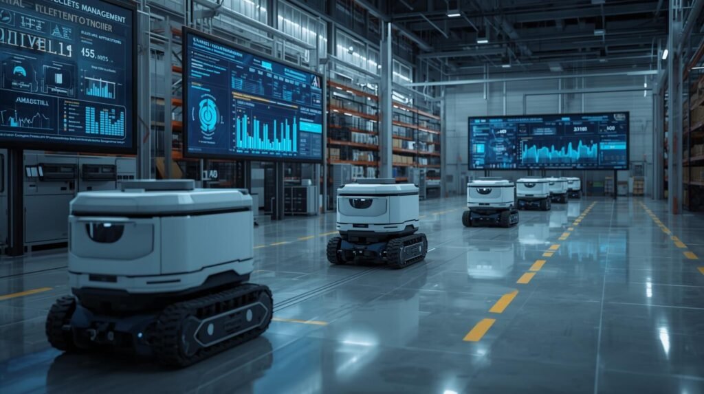 Mobile robotics systems autonomously transporting materials and optimizing operations in a smart Industry 4.0 warehouse and manufacturing facility