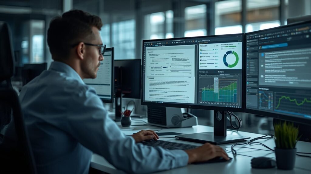 NLP specialist using natural language processing tools to analyze customer opinions, language patterns, and sentiment data in a modern workplace.