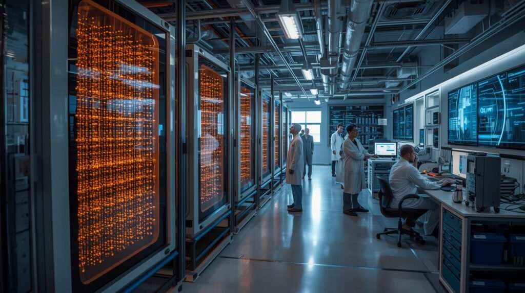 Scientists developing neutral atom quantum computing systems using optical tweezers, atomic qubits, and advanced quantum processors in a modern research laborator
