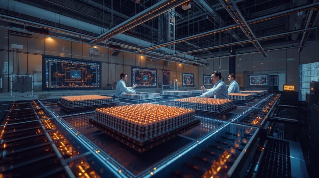 Scientists developing neutral atom quantum processors using atomic qubits, optical tweezers, precision lasers, and advanced quantum computing hardware in a modern laboratory