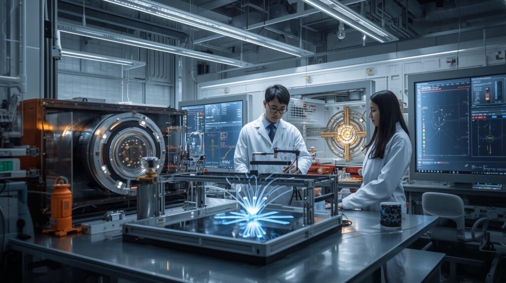 Scientists conducting neutral atom quantum research using optical tweezers, laser systems, and atomic qubits in an advanced quantum computing laboratory.