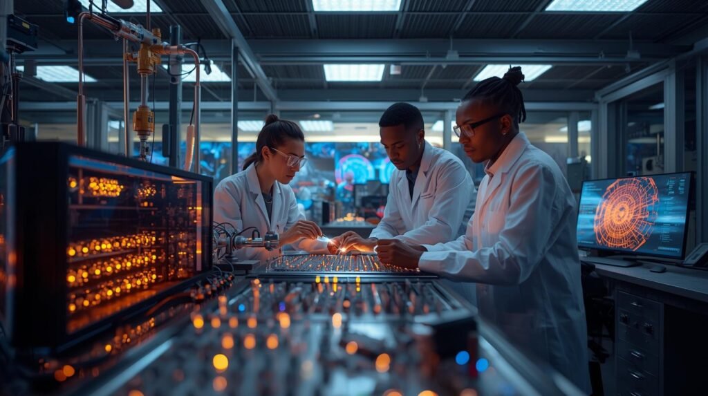 Scientists conducting neutral atom quantum research using optical tweezers, laser systems, and atomic qubits in an advanced quantum computing laboratory