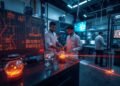 Scientists conducting neutral atom quantum research using optical tweezers, laser systems, and atomic qubits in an advanced quantum computing laboratory.