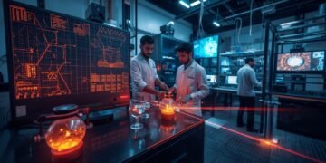 Scientists conducting neutral atom quantum research using optical tweezers, laser systems, and atomic qubits in an advanced quantum computing laboratory.