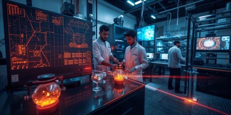 Scientists conducting neutral atom quantum research using optical tweezers, laser systems, and atomic qubits in an advanced quantum computing laboratory.