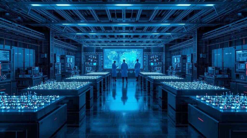Scientists developing neutral atom quantum technology using optical tweezers, atomic qubits, and advanced quantum processors in a modern research laboratory