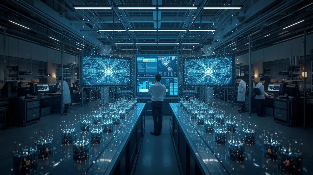 Scientists developing neutral atom quantum technology using optical tweezers, atomic qubits, and advanced quantum processors in a modern research laboratory