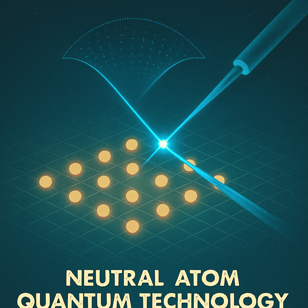 Diagram illustrating neutral atom quantum technology using laser-controlled atoms arranged for quantum information processing