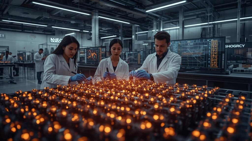 Scientists working with neutral atom qubits using optical tweezers, laser systems, and quantum computing technology in an advanced research laboratory