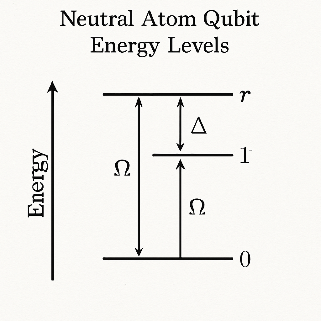 Diagram showing neutral atom qubit energy levels, illustrating quantum state transitions and excitation pathways used in quantum computing