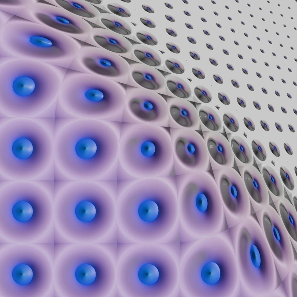 Visualization of optical tweezer arrays trapping and arranging neutral atoms in a precise grid pattern for scalable quantum computing architectures