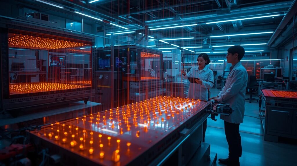 Scientists using optical tweezer arrays and laser systems to trap and manipulate individual atoms for advanced quantum computing research