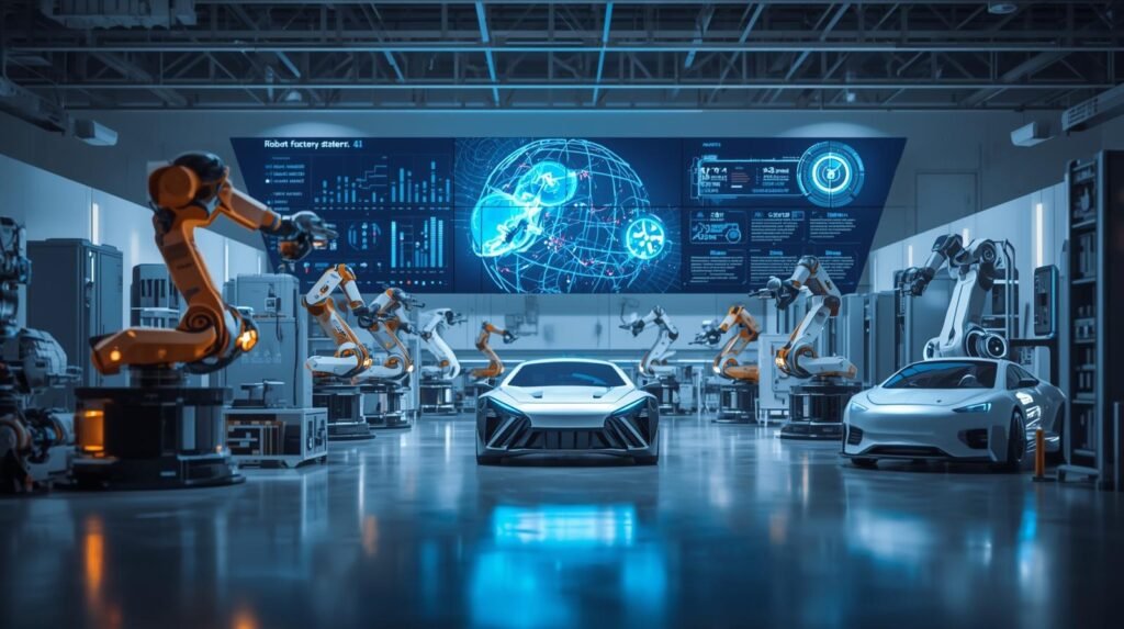 Physical AI robots using artificial intelligence, sensors, and robotics to interact with real-world environments in a modern workplace