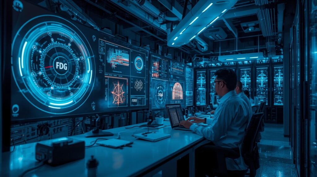 Scientists working on quantum computing advancements using quantum processors, qubits, and advanced research systems in a modern laboratory