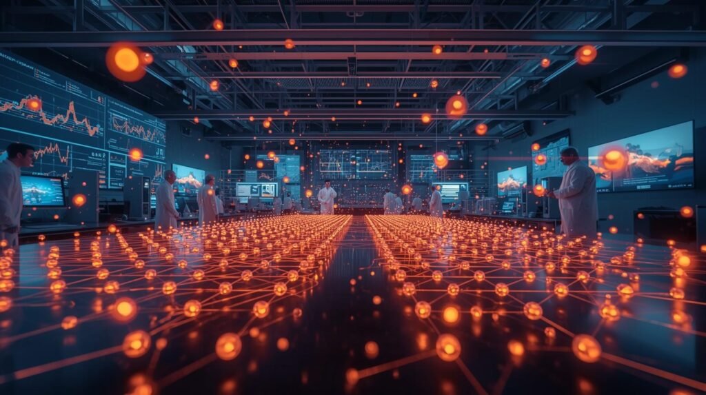 Scientists studying quantum entanglement between neutral atoms using optical tweezers, laser systems, and advanced quantum computing technology in a modern laboratory.