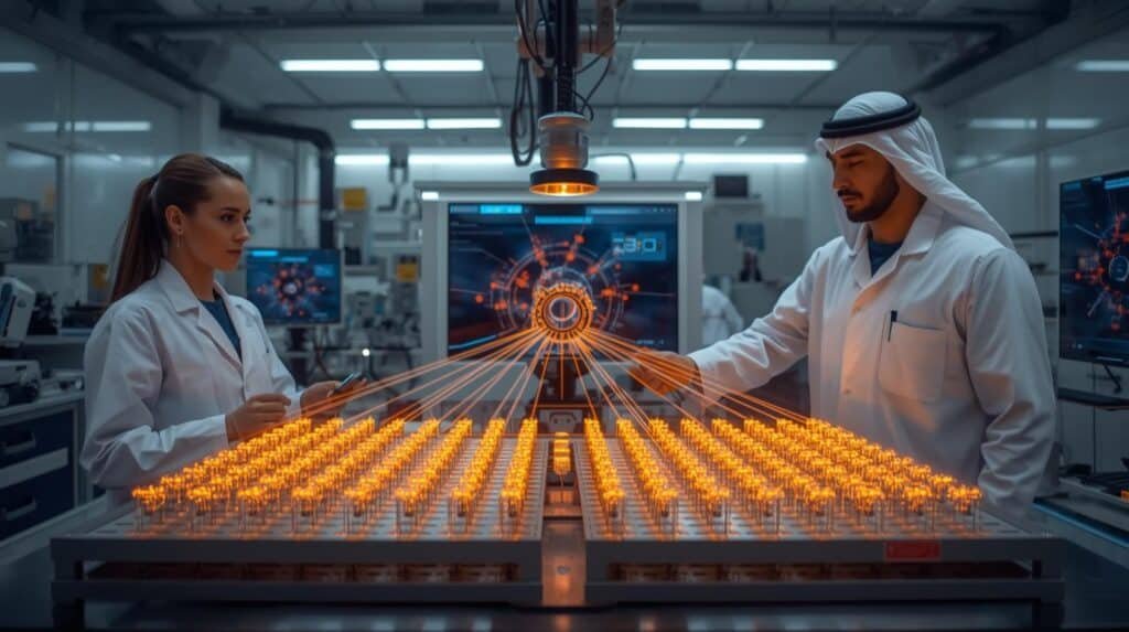 Scientists performing quantum gate operations with neutral atoms using laser-controlled qubits, optical tweezers, and advanced quantum computing systems in a modern laboratory