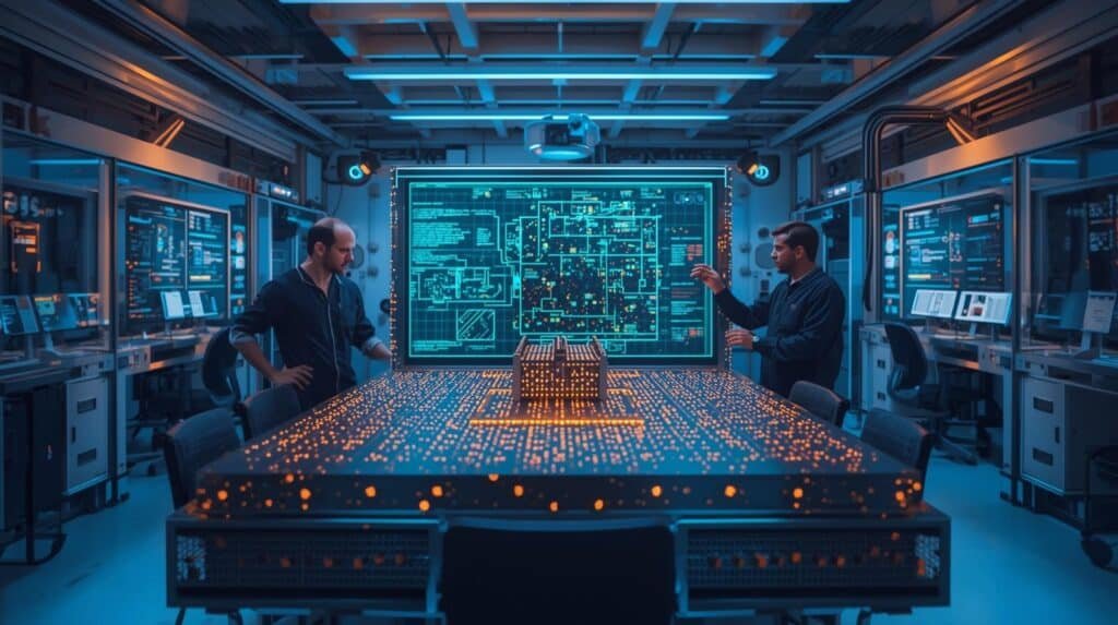 Scientists developing quantum hardware with neutral atoms, optical tweezers, laser systems, and advanced quantum processors in a modern research laboratory