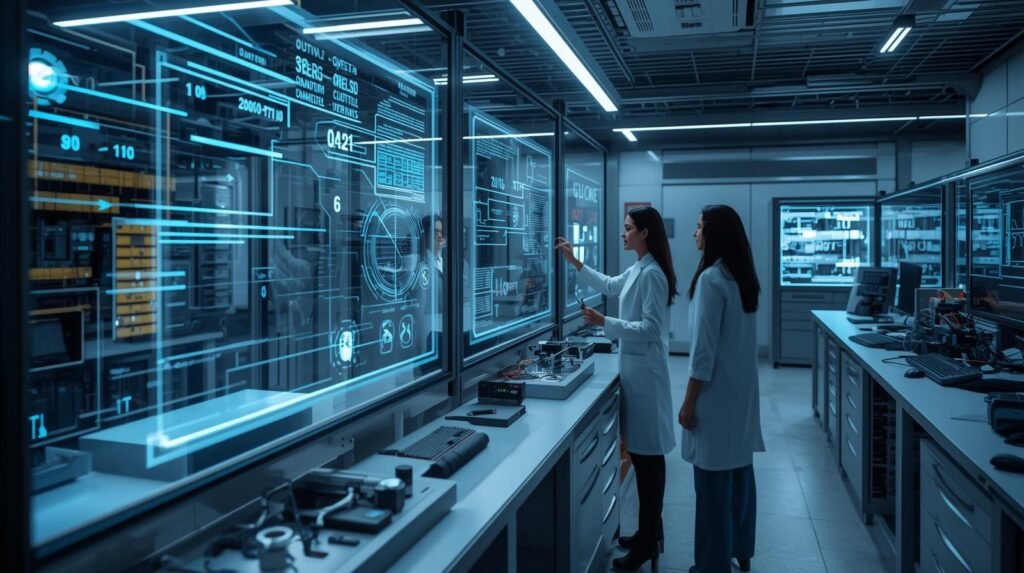 Scientists researching quantum information science using quantum computing, secure communications, and advanced data processing technologies in a modern laboratory