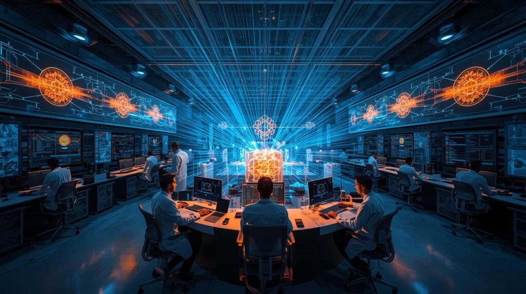 Scientists studying quantum superposition in atoms using laser systems, optical tweezers, and advanced quantum computing technology in a modern laboratory