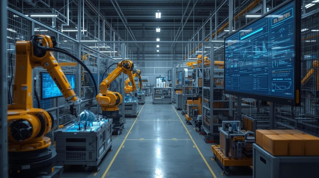 Robot automation systems improving manufacturing efficiency through AI-powered robotics and smart factory technologies in an Industry 4.0 workplace.