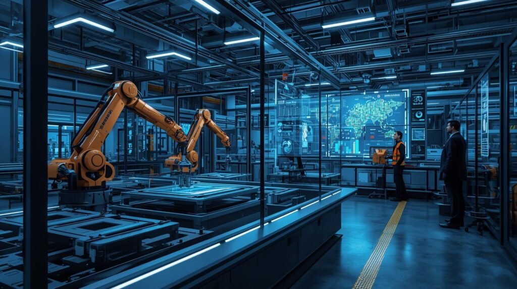 Robot automation systems using AI, robotics, and smart factory technologies to improve productivity and efficiency in an Industry 4.0 workplace