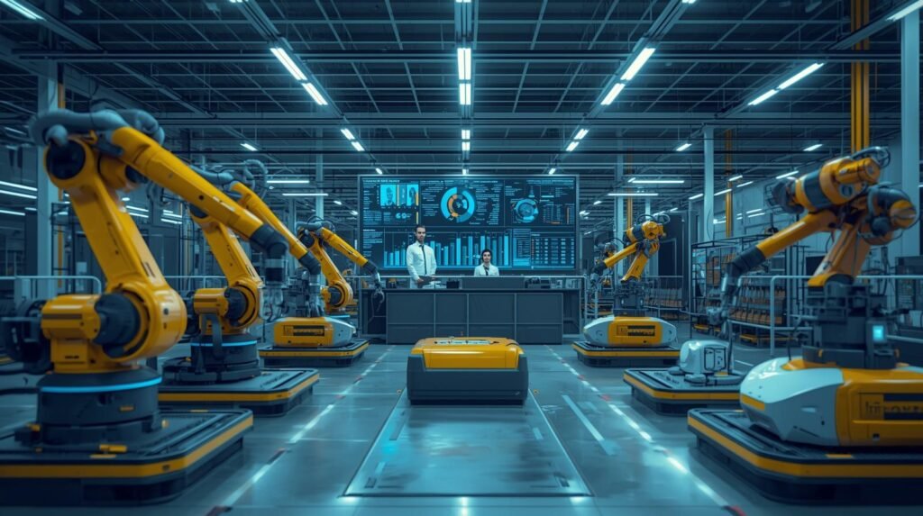 Advanced robotic systems integrating AI, automation, sensors, and industrial robots in a smart Industry 4.0 workplace
