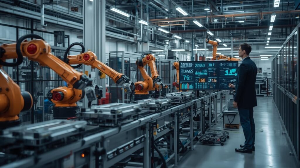 Advanced robotic systems integrating AI, automation, sensors, and industrial robotics in a smart Industry 4.0 manufacturing workplace