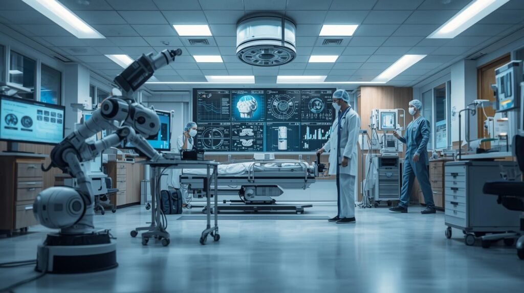 Advanced healthcare robots assisting medical professionals with patient care, diagnostics, and hospital operations in a modern healthcare facility.
